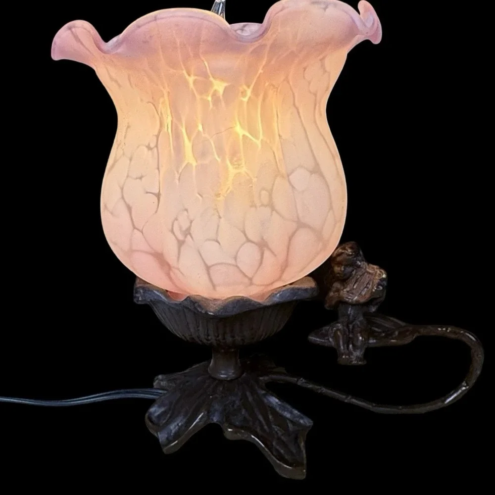 Underwriters Laboratories Portable Lamp Cherub Floral Tulip Glass Table Lamp 6